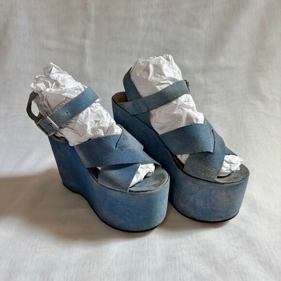 1970s Blue Leather Platform Heels Strappy Shoe 6" Heel Greek Leather by Alpi - Picture 2 of 12